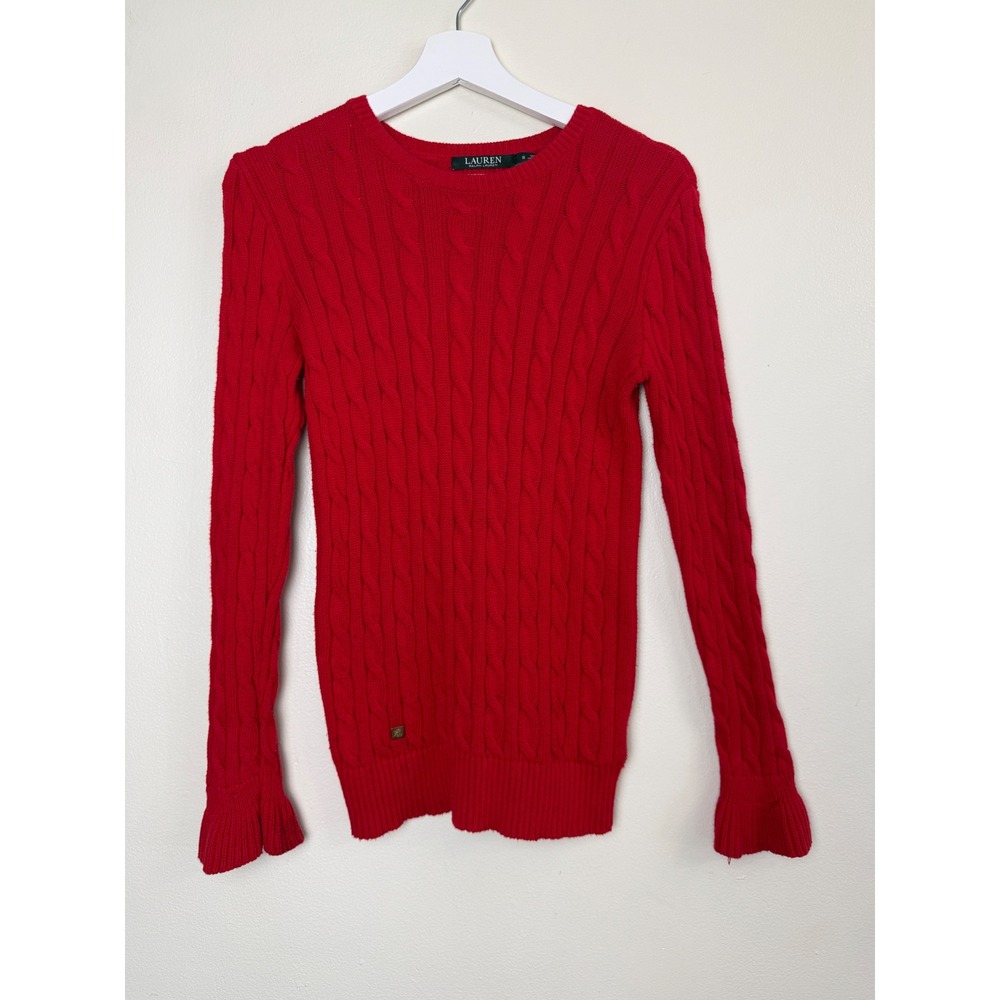 Lauren Ralph Lauren Red Cable Knit Sweater Ruffle Cuff Size S Preppy Old Money